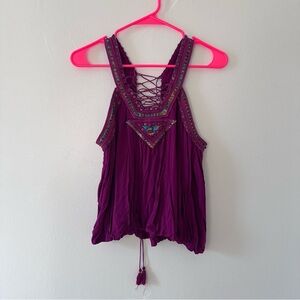 Free People Embroidered Women's Lace Up Tank Top Sleeveless Bohemian Sz M